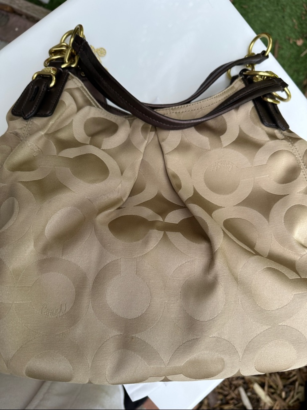 Coach Tan Signature Jacquard Shoulder Bag with Brown Leather Trim